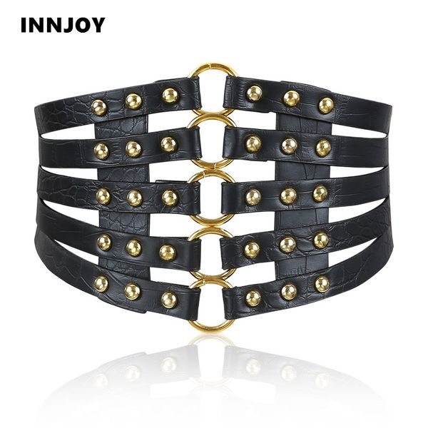 

women's wide elastic leather waist belts female fashion rivet corset belt club punk rock girdle bands decorative cummerbunds, Black;brown