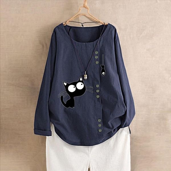 

women casual plus size print cat blouses long sleeve button tunic shirt blouses and womens clothing fashion camisas mujer, White