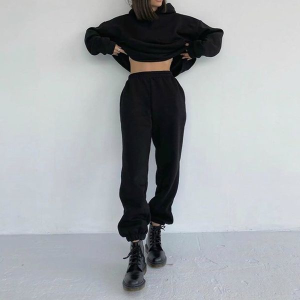 

2 piece set tracksuit women fleece sets winter hooded long sleeve sweatshirt and pants suit autumn solid casual lady sport suits q1217, Black;white
