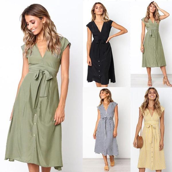 

2021 summer spring v-neck button striped dress women casual knee-length sleeveless lace up bow a-line dress vestido1, Black;gray