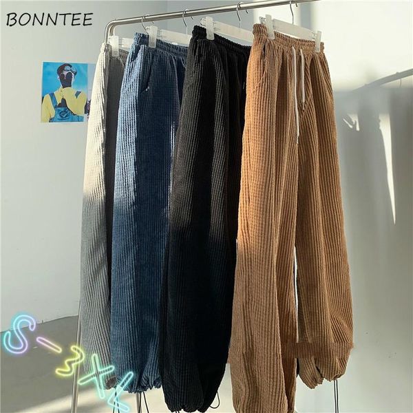 

men casual bundle pants corduroy fashion ulzzang loose korean thicken chic harajuku elastic waist streetwear solid simple male, Black