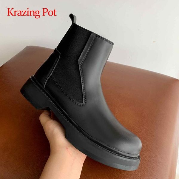 

krazing pot stretch boots real leather patchwork platform round toe thick med heel slip on pretty girls fashion ankle boots l09, Black