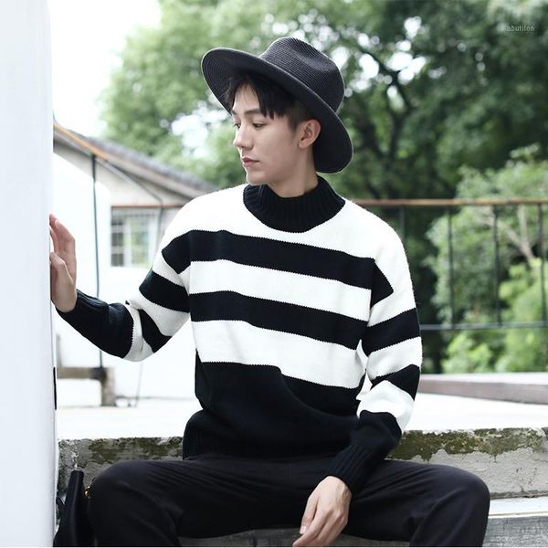

men's sweaters 2021 men's striped sweater fashion warm convex collar patchwork knitted pullovers autumn winter casual jersey homb, White;black