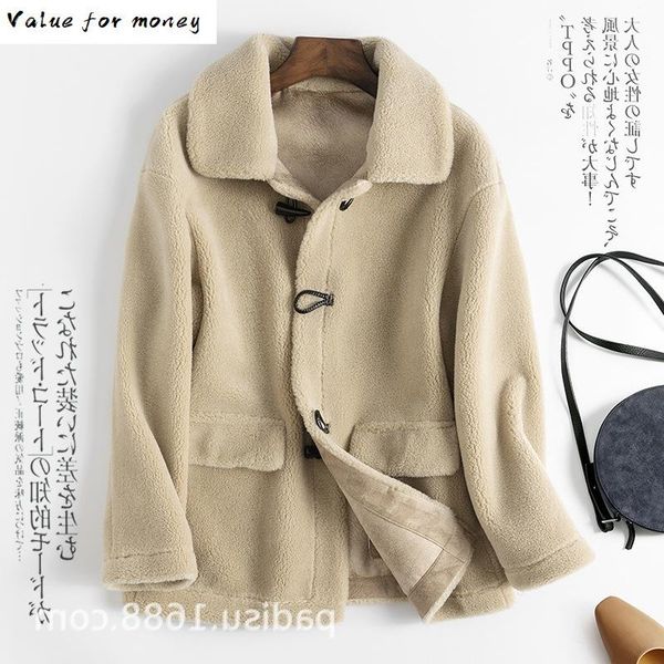 

wool streetwear jacket autumn winter coat women clothes 2021 real fur coat korean vintage sheep shearling suede lining 3305, Black