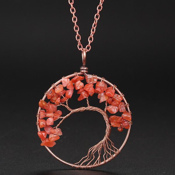 

ancient pure jewelry new natural handmade stone crystal red copper life curved tree necklace, Silver