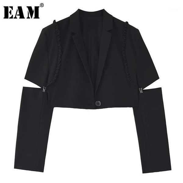 

eam] women black ruffles split joint short blazer new lapel long sleeve loose fit jacket fashion spring autumn 2020 1z1031, White;black