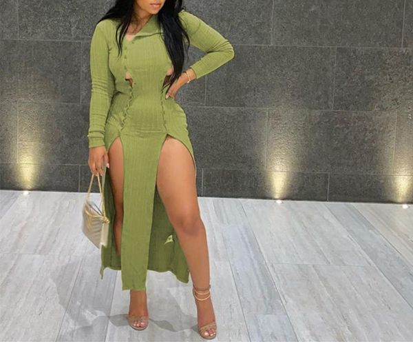 

2021 long sleeve solid color slit dress autumn winter women fashion streetwear outfits party elegant wear, Black;gray