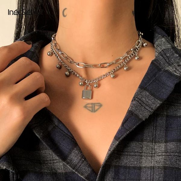 

ingesight.z stainless steel ball tassel love heart choker necklace multi layered lock cross pendant necklaces for women jewelry, Silver