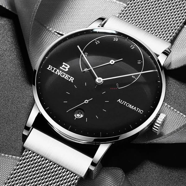 

wristwatches switzerland binger mens watches automatic mechanical watch men full steel business waterproof fashion sport, Slivery;brown