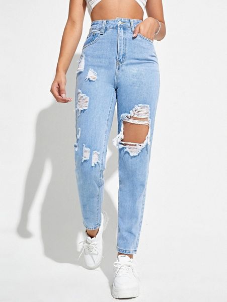 

high waist ripped mom jeans 40qb#, Blue