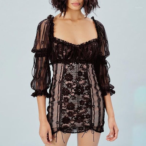 

casual dresses 2021 lace patchwork women dress square collar high waist puff sleeve hollow out bandages mini female1, Black;gray
