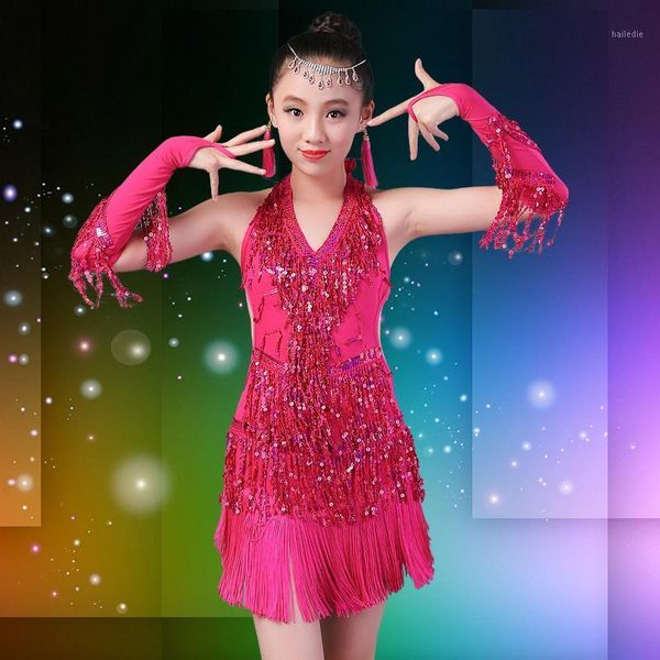 

girls children children modern ballroom latin dance dress blue fringed salsa dance tango dress red stage performance1, Black;red