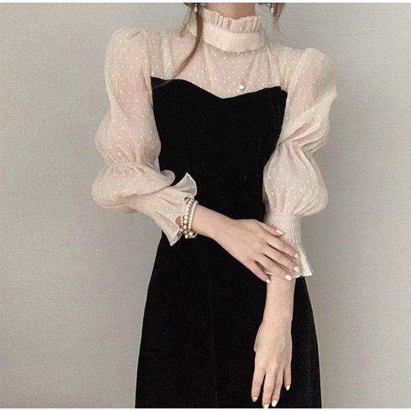 

elegant lace mesh patchwork dresses women black puff sleeves slim high waist dress female 2021 autumn spring office ladies dress, Black;gray