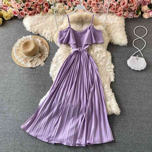 

summer vintage green beige purple spaghetti strap pleated long dress women casual off shoulder beach party vestidos, Black;gray