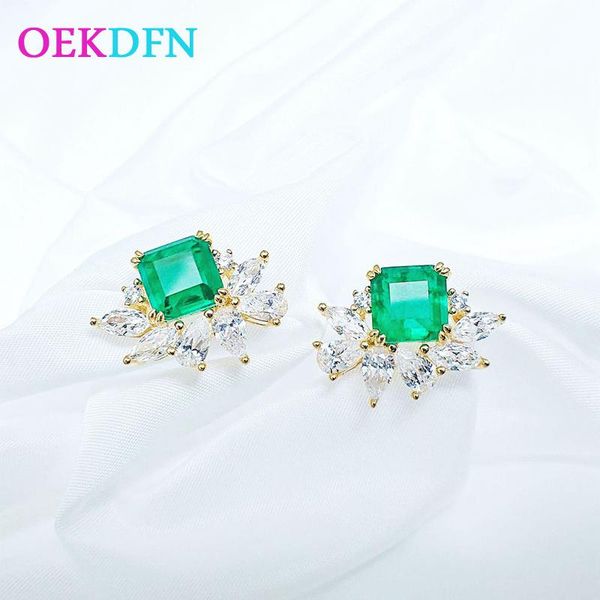 

oekdfn 100% 925 sterling silver stud earrings emerald created moissanite gemstone wedding 18k yellow gold studs flower jewelry, Golden;silver