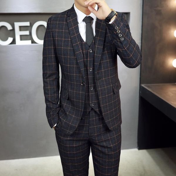 

2021 new winter business men's three-piece suit korean slim men's plaid leisure suits wedding (jackets+vest+pants, White;black