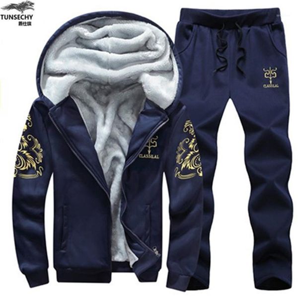 

tunsechy new winter men sweatshirt suits fleece warm mens tracksuit set casual sportswear suits hoodies + pants sporting suit1, Gray