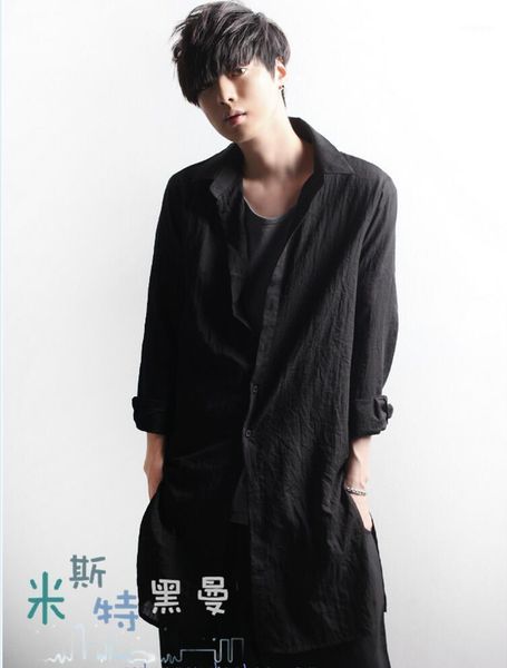 

s-4xl 2021 new men's clothing spring and summer medium-long fluid shirt placketing shirt male plus size singer costumes1, White;black