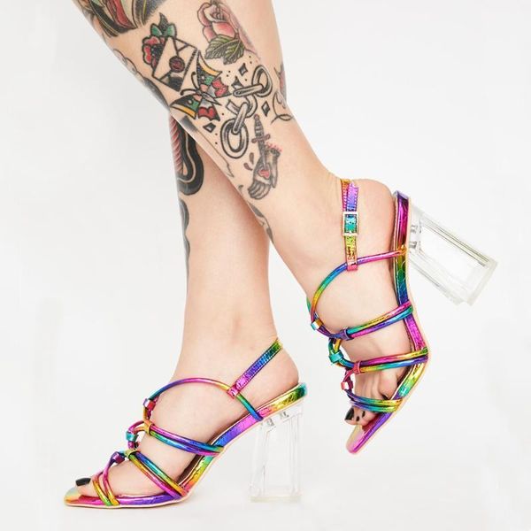 

summer women neon color sandals microfiber 8cm transparent square heels ankle buckle strap rainbow light dress shoes1, Black