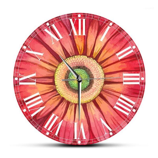 

red watercolour gerbera daisy paints large wall clock watch sunflower floral pattern horologe living room decoration mute clocks1