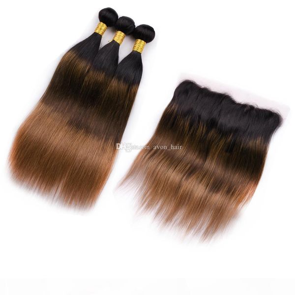 

three tone 1b medium brown hair with ear to ear frontal ombre color 1b 4 30 hair bundles with lace frontal 13x4, Black;brown