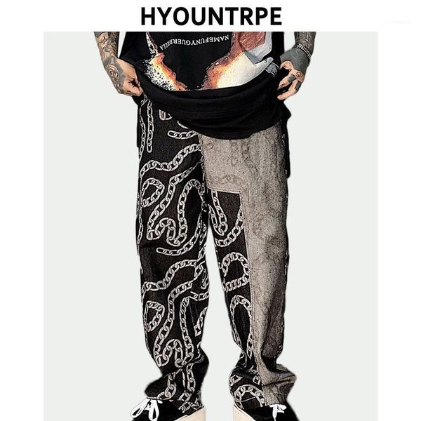 

high street chain printed patchwork denim pants mens straight zipper trouser hip hop streetwear casual loose joggers jeans pants1, Blue