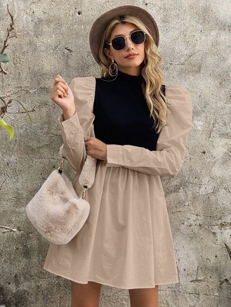 

mock neck puff sleeve colorblock dress j78g#, Black;gray