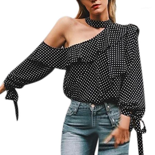 

one shoulder polka dot blouse shirt ruffle lantern sleeve vintage chiffon blouse bow women summer blouses 2019 blusa1, White