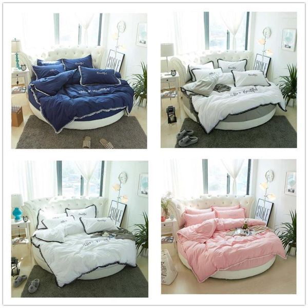 

4 pcs 100% cotton round bed sheet pillowcase duvet cover sets soft lace edge pillowcase embroidery 200*230cm quilt cover1