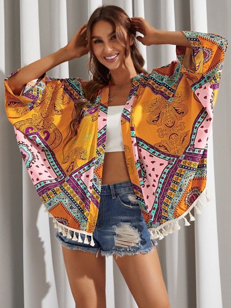 

luukse scarf print dolman sleeve tassel trim kimono 8069#, White;black