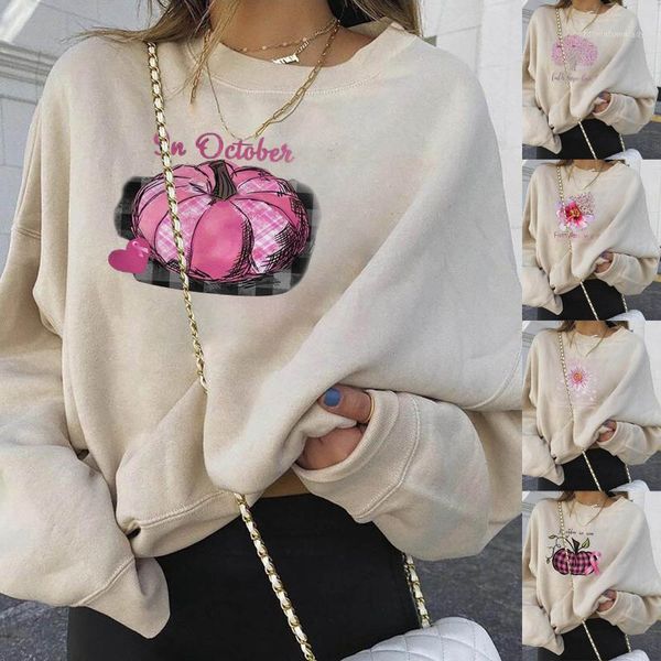 

fashion women's casual long sleeve o-neck printed ladies sweatshirts breast cancer prevention elements loose women 151, Black