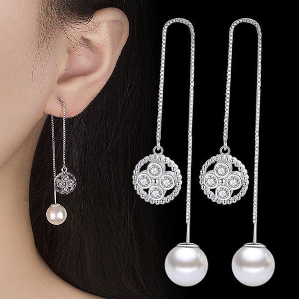 

korean style fashion concise exaggeration geometric circular tassels in the long earline women's circle pearl earrings earrings, Silver