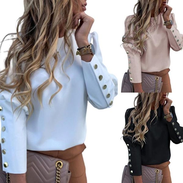 

fashion casual round neck solid color button long sleeve women blouse fall clothing puff sleeve women and shirt, White
