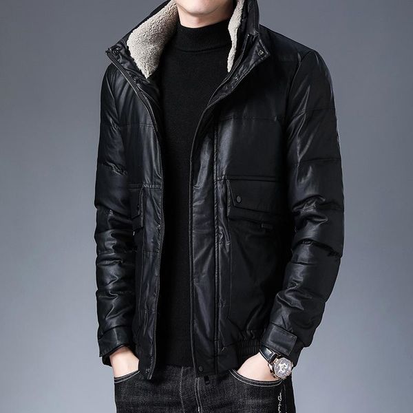 

mimi winter stand collar men's down jacket casual thickening white duck down short warm middle aged hair collar coat, Black