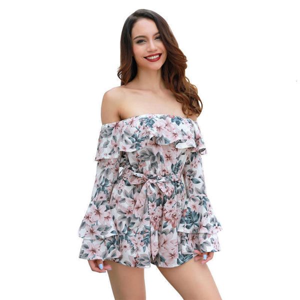 

floral one line collar g1-81616# women's long flared sleeve waistband jumpsuit, Black;gray