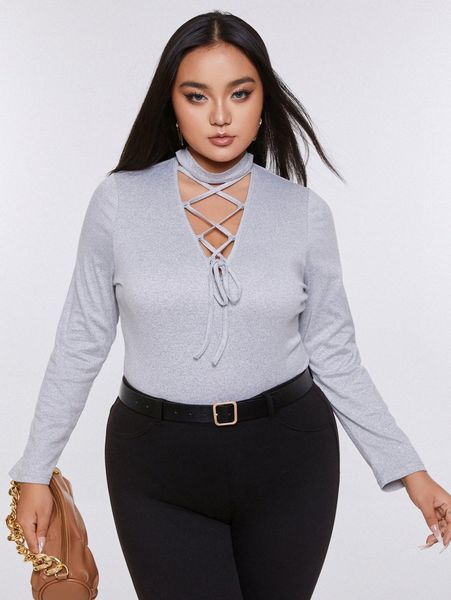 

plus cut out lace up front bodysuit q7hf#, Black