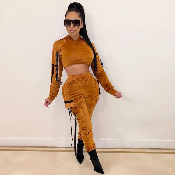 

2 two piece set hoodie sportswear crop pants high waist women tracksuit ribbon matching velvet sweat suit winter outfit1, White