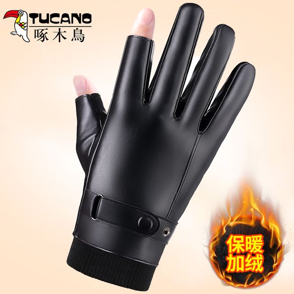 

woodpecker's half leather gloves for men's autumn winter warm and plush driving anti slip leakage two finger touch screen riding