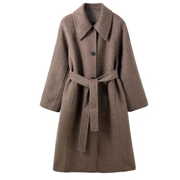 

mwoollen women's medium long hepburn new style korean thickened milk tea over knee woolen coat, Black