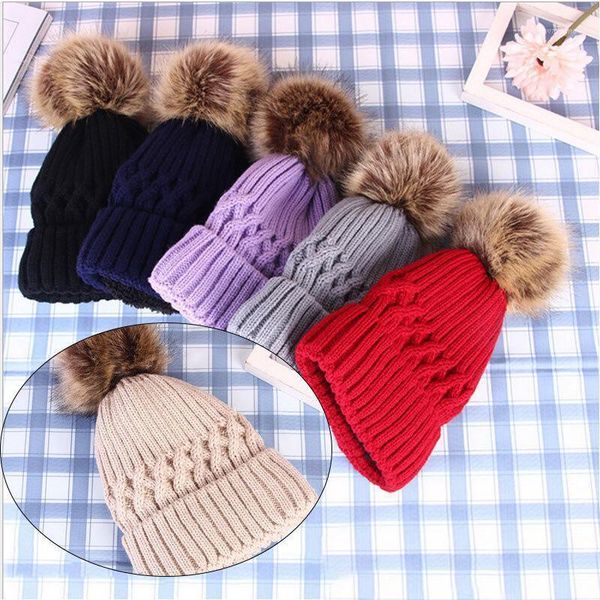 

new crimp protection knitted hat wool ball fashion warm pompom hat women solid color autumn and winter style beanies 6 color1, Blue;gray