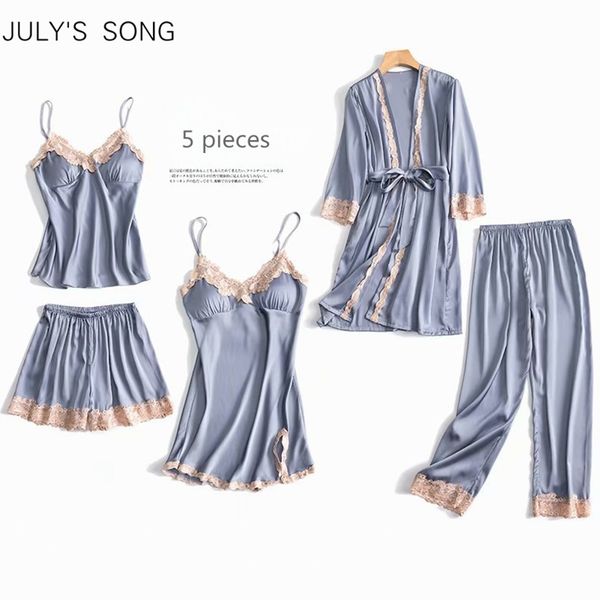 JULY'S SONG 5 Pezzi Pigiama Set Sexy Pizzo Raso Seta Sleepwear Donna Estate Primavera Moda Pigiama per Donna Robe Sleep Lounge 201027