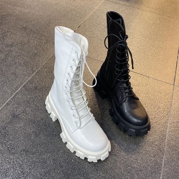 

women boots winter snow booties black white thick bottom motorcycle womens short lace boot leather shoes size 35-40