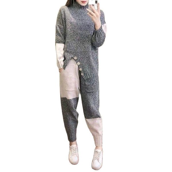 

autumn and winter knitted sweater 2021 new women's suit casual fashion round neck striped two piece set women harem pants trend, Gray