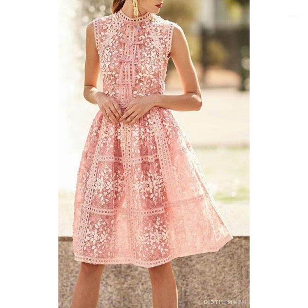 

red roosarosee europe and america 2018 summer new round collar sleeveless lace patchwork three-dimensional flower fashion dress1, White;black