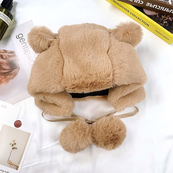 

bear ear hat female autumn winter brand version sweet and lovely imitation rabbit plush ball cold proof warm lei feng hat klwe, Blue;gray