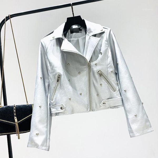 

autumn and winter european women new turn down collar rivet zipper locomotive pu leather short jacket fashion streetwear 20201, Black