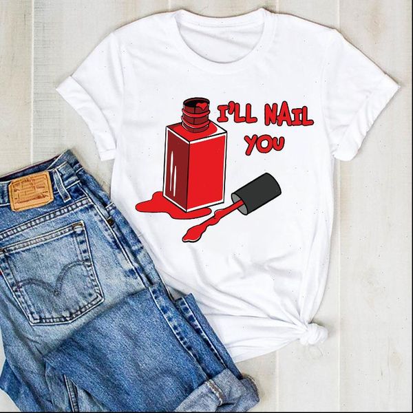 

women lady fingernail beauty nail print short sleeve ladies summer t tee tshirt womens female shirt clothes graphic t shirt, White