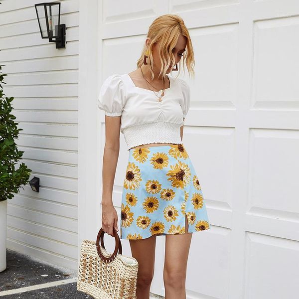 

flower printed women skirt high waist spilt streetwear summer ladies mini a-line skirt female clothing w8891, Black