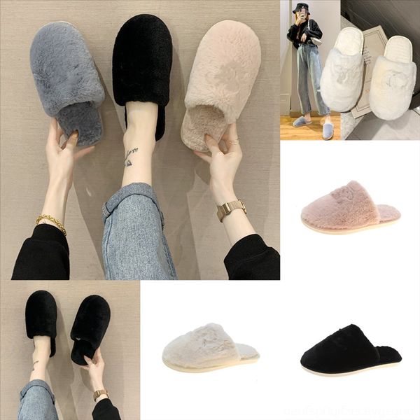 

gu8ev shoes women ladies cat plush slipper' slippers flock flower pantofle fur flip rubber luxury slides soft flops plush flat, Black