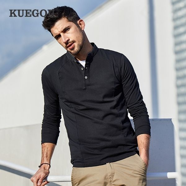 

kuegou spring cotton button plain white t shirt men tshirt brand t-shirt long sleeve tee shirt male clothes plus size 1306 201202, White;black